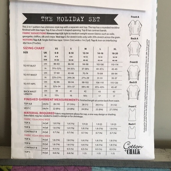 Cotton & Chalk Kimona Tops Sewing Pattern The Holiday Set sz 6-20 (US 4-18) NWT - Picture 3 of 8